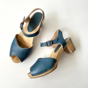 Bosabo Blue Leather Clog‎ Sandals Peep Toe Made in France Heeled Shoes Size 37
